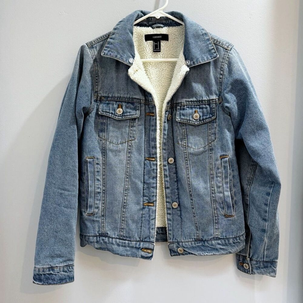 Forever 21 Womens Blue Denim Jacket Sherpa Fleece Lining Cozy Layers Preppy XS